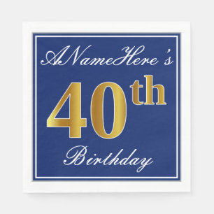 Elegant Blue, Faux Gold 40th Birthday; Custom Name Napkin