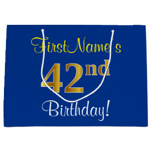 Elegant, Blue, Faux Gold 42nd Birthday + Name Large Gift Bag
