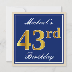 Elegant, Blue, Faux Gold 43rd Birthday + Name Invitation