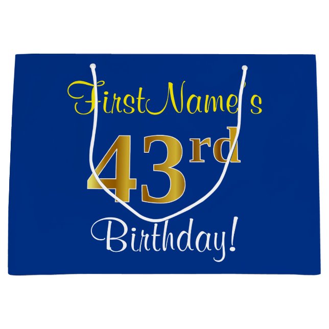 Elegant, Blue, Faux Gold 43rd Birthday + Name Large Gift Bag (Front)