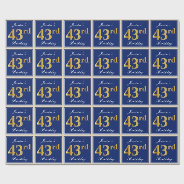 Elegant, Blue, Faux Gold 43rd Birthday + Name Wrapping Paper (Flat)