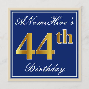 Elegant, Blue, Faux Gold 44th Birthday + Name Invitation