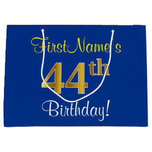 Elegant, Blue, Faux Gold 44th Birthday + Name Large Gift Bag