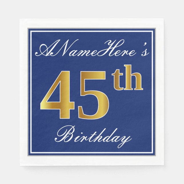 Elegant Blue, Faux Gold 45th Birthday; Custom Name Napkin (Front)