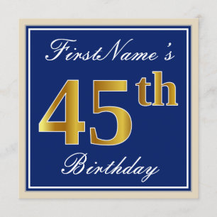 Elegant, Blue, Faux Gold 45th Birthday + Name Invitation