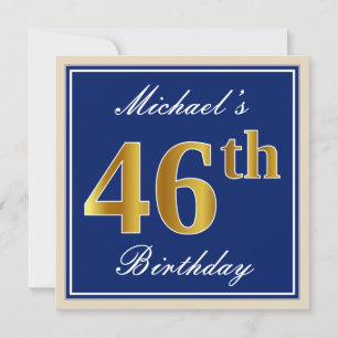Elegant, Blue, Faux Gold 46th Birthday + Name Invitation