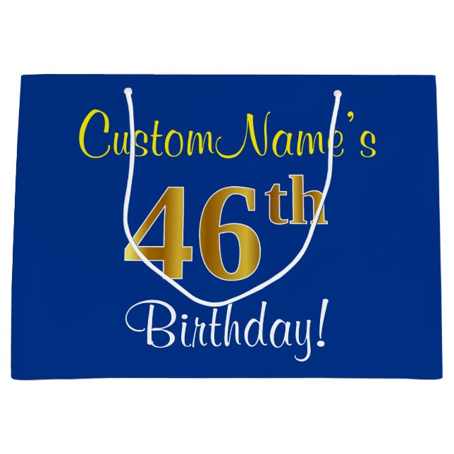 Elegant, Blue, Faux Gold 46th Birthday + Name Large Gift Bag (Front)