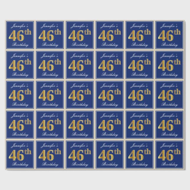 Elegant, Blue, Faux Gold 46th Birthday + Name Wrapping Paper (Flat)