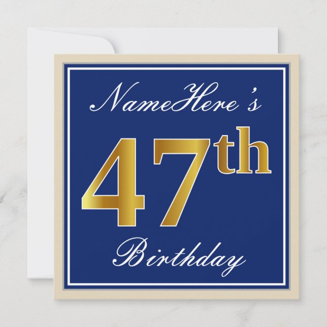 Elegant, Blue, Faux Gold 47th Birthday + Name Invitation (Front)