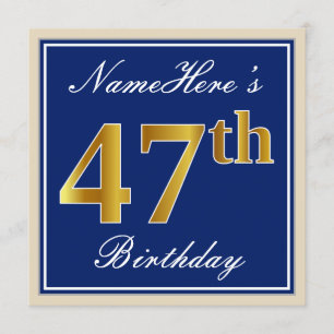 Elegant, Blue, Faux Gold 47th Birthday + Name Invitation