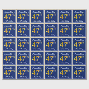 Elegant, Blue, Faux Gold 47th Birthday + Name Wrapping Paper