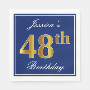 Elegant Blue, Faux Gold 48th Birthday; Custom Name Napkin