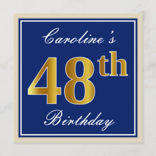 Elegant, Blue, Faux Gold 48th Birthday + Name Invitation
