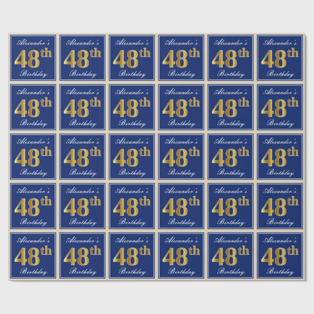 Elegant, Blue, Faux Gold 48th Birthday + Name Wrapping Paper (Flat)