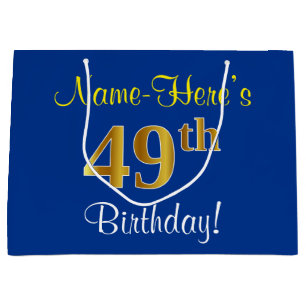 Elegant, Blue, Faux Gold 49th Birthday + Name Large Gift Bag