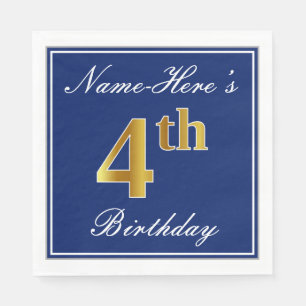 Elegant Blue, Faux Gold 4th Birthday + Custom Name Napkin