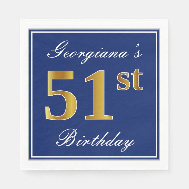 Elegant Blue, Faux Gold 51st Birthday; Custom Name Napkin (Front)