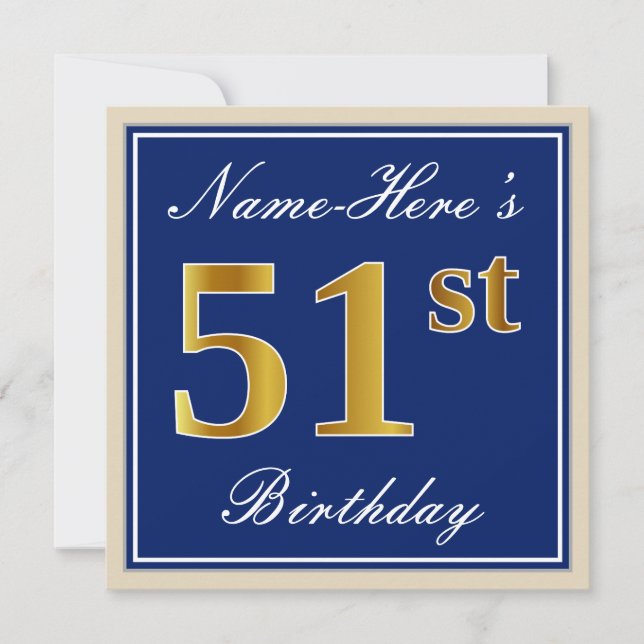 Elegant, Blue, Faux Gold 51st Birthday + Name Invitation (Front)