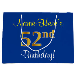 Elegant, Blue, Faux Gold 52nd Birthday + Name Large Gift Bag