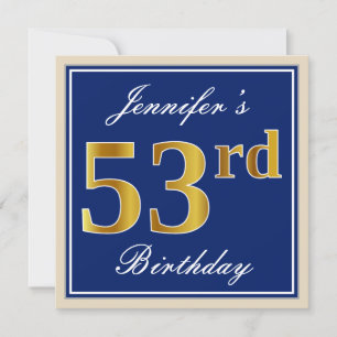 Elegant, Blue, Faux Gold 53rd Birthday + Name Invitation
