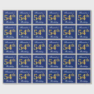 Elegant, Blue, Faux Gold 54th Birthday + Name Wrapping Paper