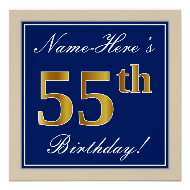 Elegant, Blue, Faux Gold 55th Birthday + Name Poster (Front)