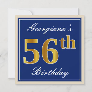 Elegant, Blue, Faux Gold 56th Birthday + Name Invitation