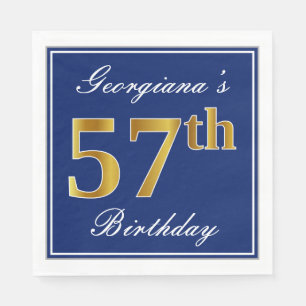 Elegant Blue, Faux Gold 57th Birthday; Custom Name Napkin