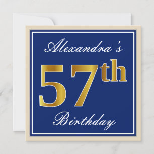 Elegant, Blue, Faux Gold 57th Birthday + Name Invitation