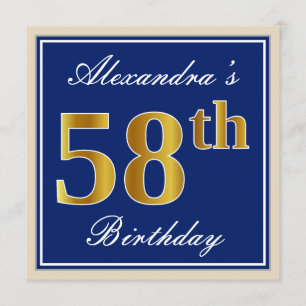 Elegant, Blue, Faux Gold 58th Birthday + Name Invitation