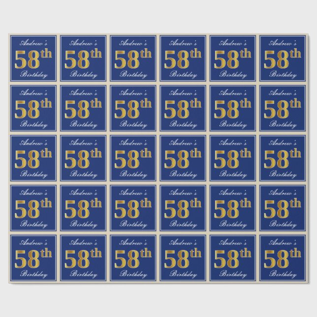 Elegant, Blue, Faux Gold 58th Birthday + Name Wrapping Paper (Flat)