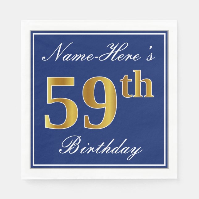 Elegant Blue, Faux Gold 59th Birthday; Custom Name Napkin (Front)
