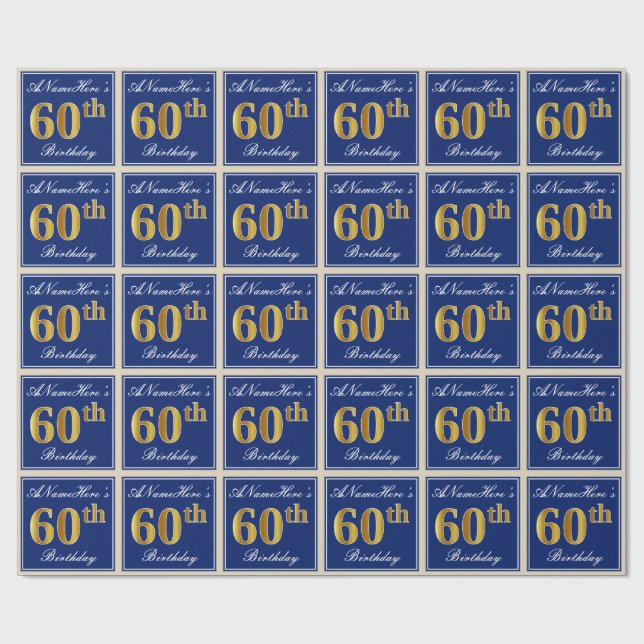 Elegant, Blue, Faux Gold 60th Birthday + Name Wrapping Paper (Flat)