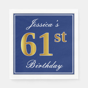 Elegant Blue, Faux Gold 61st Birthday; Custom Name Napkin