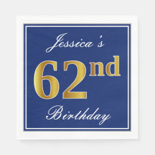 Elegant Blue, Faux Gold 62nd Birthday; Custom Name Napkin