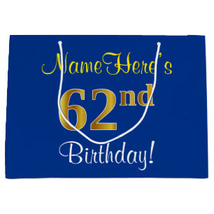 Elegant, Blue, Faux Gold 62nd Birthday + Name Large Gift Bag