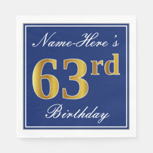 Elegant Blue, Faux Gold 63rd Birthday; Custom Name Napkin