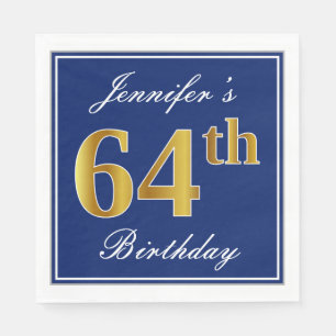 Elegant Blue, Faux Gold 64th Birthday; Custom Name Napkin