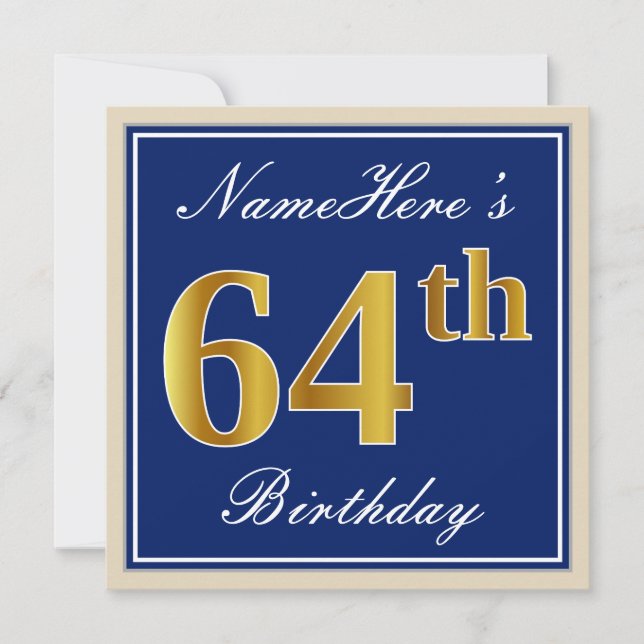 Elegant, Blue, Faux Gold 64th Birthday + Name Invitation (Front)