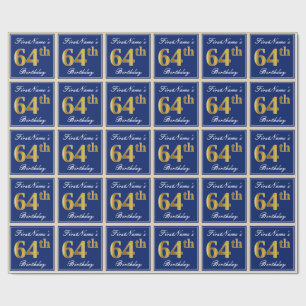 Elegant, Blue, Faux Gold 64th Birthday + Name Wrapping Paper