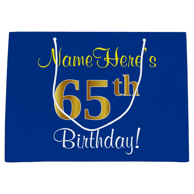 Elegant, Blue, Faux Gold 65th Birthday + Name Large Gift Bag (Front)