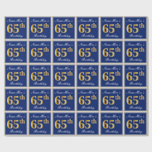 Elegant, Blue, Faux Gold 65th Birthday + Name Wrapping Paper (Flat)