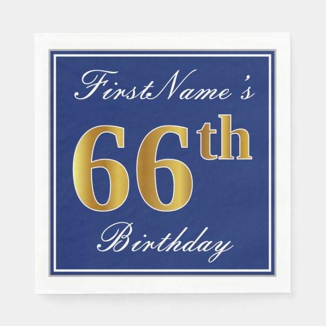 Elegant Blue, Faux Gold 66th Birthday; Custom Name Napkin (Front)