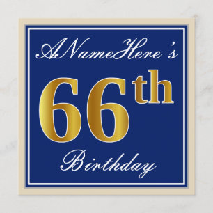 Elegant, Blue, Faux Gold 66th Birthday + Name Invitation