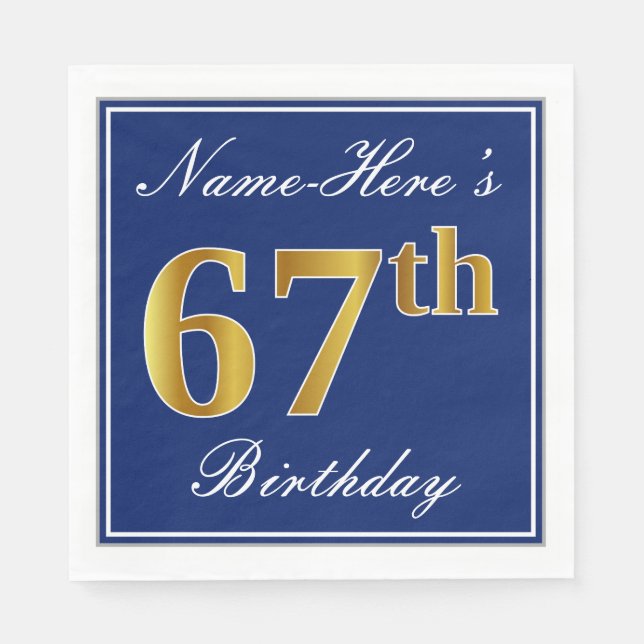 Elegant Blue, Faux Gold 67th Birthday; Custom Name Napkin (Front)
