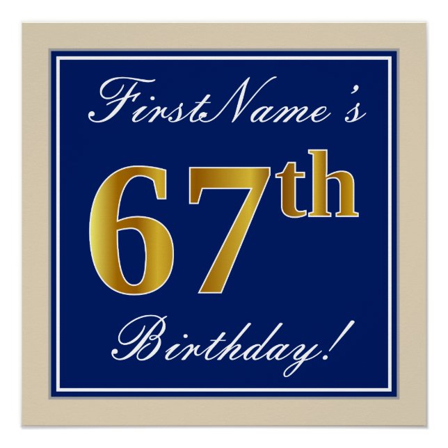 Elegant, Blue, Faux Gold 67th Birthday + Name Poster (Front)