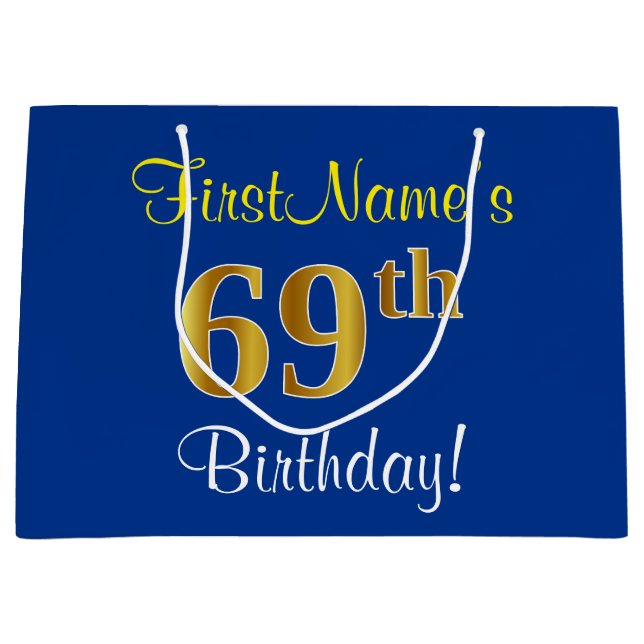 Elegant, Blue, Faux Gold 69th Birthday + Name Large Gift Bag (Front)