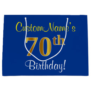 Elegant, Blue, Faux Gold 70th Birthday + Name Large Gift Bag