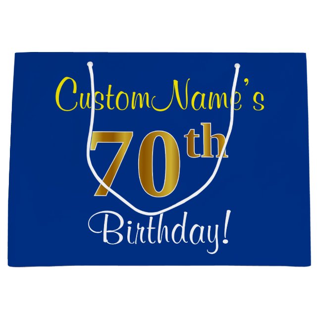 Elegant, Blue, Faux Gold 70th Birthday + Name Large Gift Bag (Front)