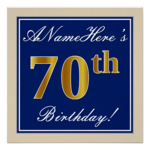 Elegant, Blue, Faux Gold 70th Birthday + Name Poster